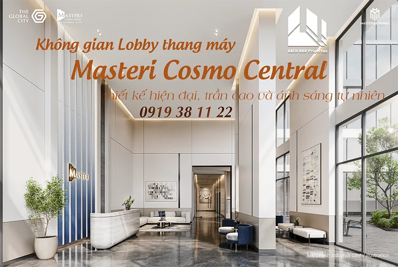 Không gian lobby thang máy Masteri Cosmo Central thiết kế hiện đại, trần cao và ánh sáng tự nhiên - Bách Như Properties