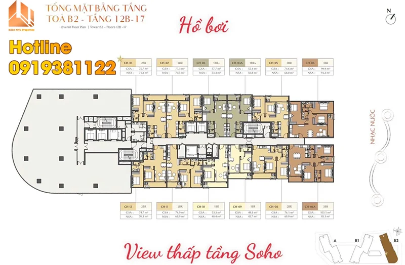 Mặt bằng tầng điển hình CT4 Masteri Cosmo Central Tòa B2 Tầng 12B-17 - Bách Như Properties