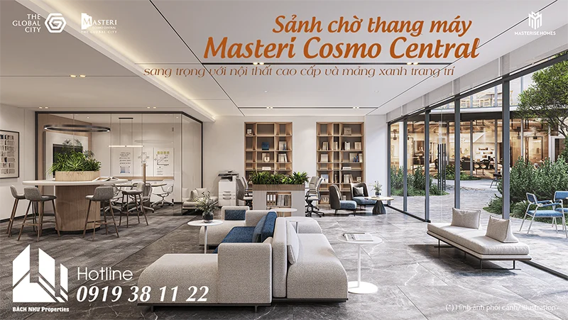 Sảnh chờ thang máy Masteri Cosmo Central sang trọng với nội thất cao cấp và mảng xanh trang trí - Bách Như Properties