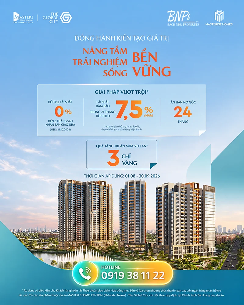 Chính sách ưu đãi đặc quyền ĐỢT 1 áp dụng ĐẾN NGÀY 30/9 - Nexus Zone Masteri Cosmo Central - Liên hệ Bách Như Properties ( BNP's): 0919 38 11 22 để được tư vấn chi tiết