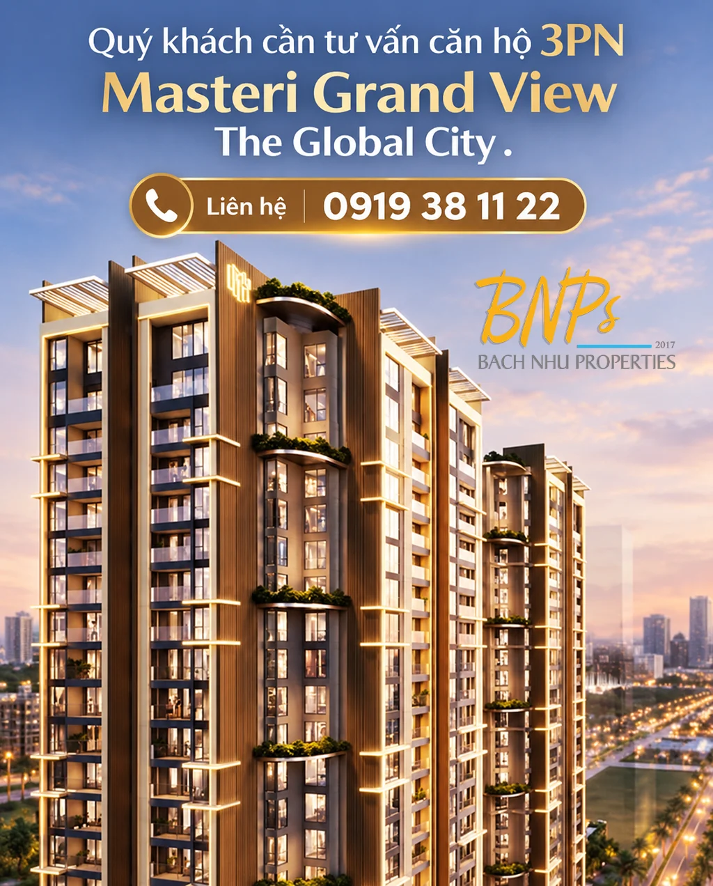 Tư vấn căn hộ 3PN Masteri Grand View The Global City Liên hệ 0919 38 11 22 - Bách Như Properties - BNP's